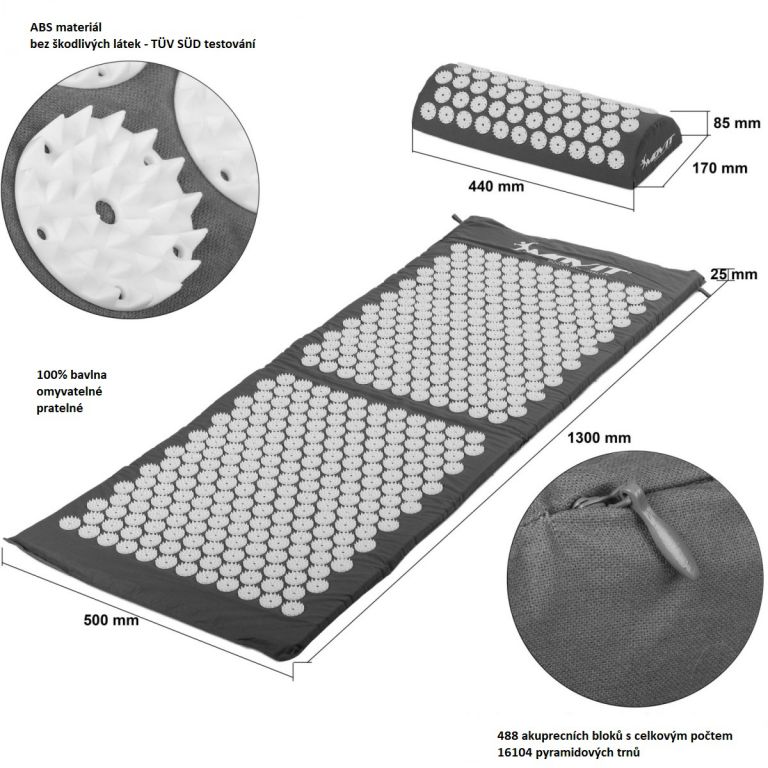 Obrázok Akupresúrna podložka s vankúšom MOVIT 130 x 50 cm - sivá